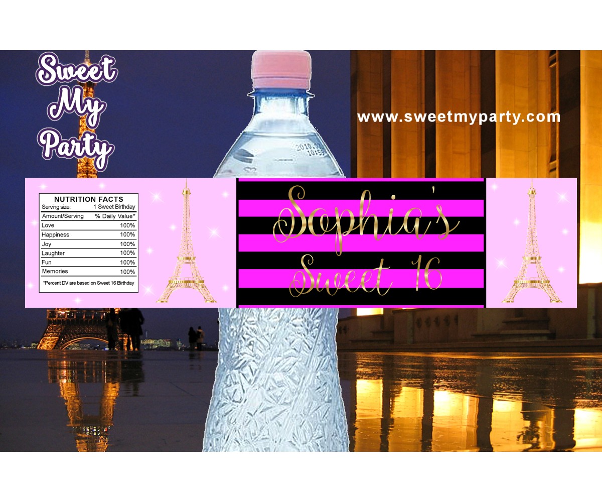 Eiffel Tower birthday party pink water bottle labels, A night in Paris birthday pink water bottle labels,(17swee)